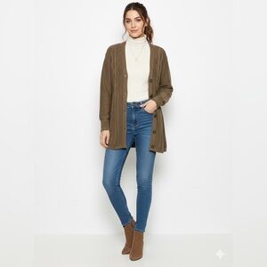 Vintage Rochelle Espresso Brown Cable Knit Cardigan Sweater Long Button Down